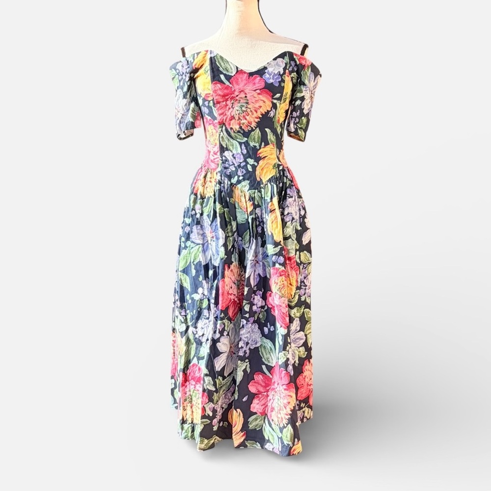 Gunne Sax blue floral off shoulder sweetheart bodice dress - Picture 1 of 7